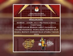 KPU Gorontalo Utara Resmi Tetapkan Nomor Urut Pasangan Calon Bupati dan Wakil Bupati Pilkada 2024
