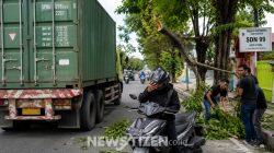 Pengendara Aerox Nyaris Celaka di Jalan Aloe Saboe, Wajah Tertimpa Ranting Pohon Akibat Senggolan Kontainer